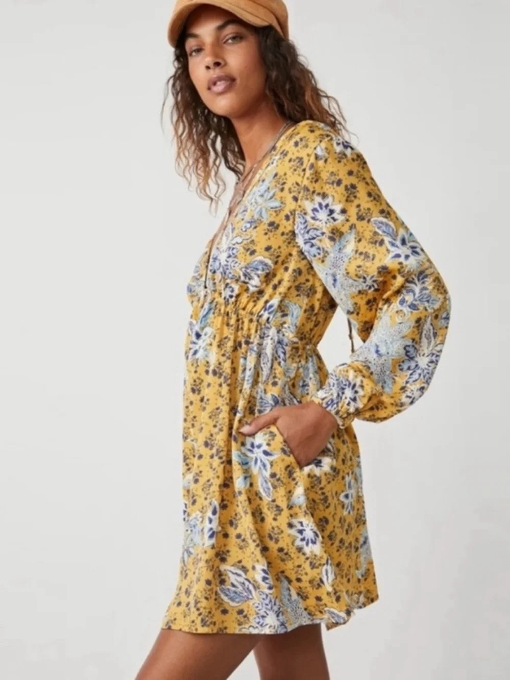Free People Yellow Floral V-Neck Smocked Waist Mini Dress